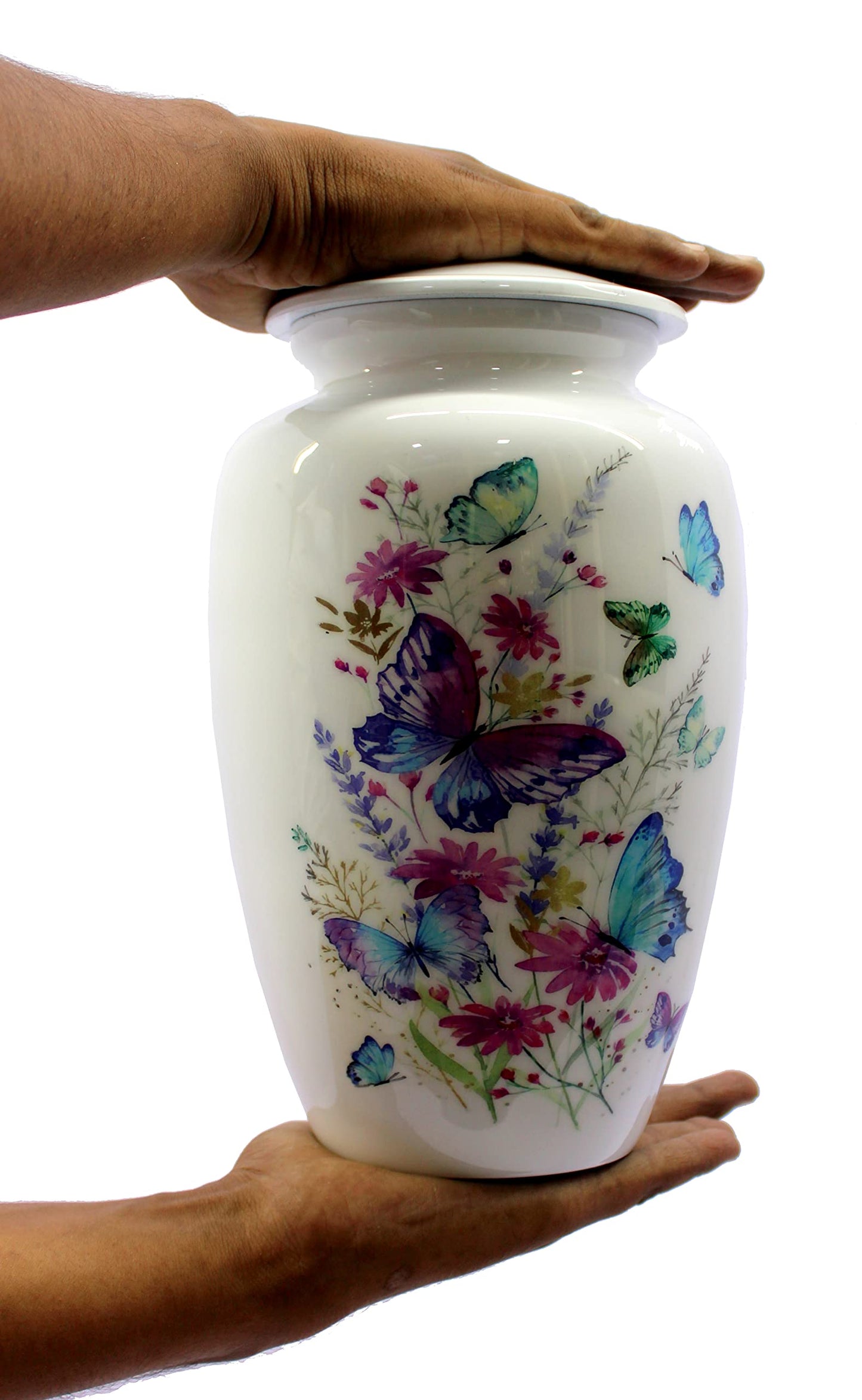 eSplanade Metal Cremation Urn Memorial Jar Pot Container | Full Size Urn for Funeral Ashes Burial | Colorful Butterflies Print | White - 10" Inches