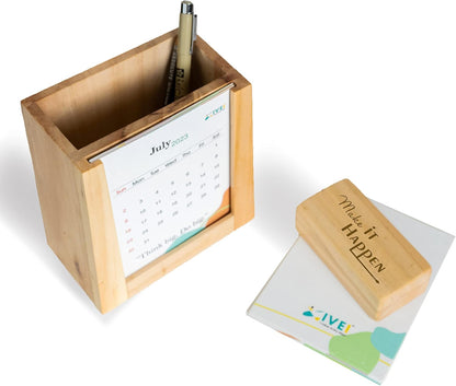 IVEI Desk Calendar with Organizer and Paper Weight | Wood Desk Pen Pencil Holder Stand Multi Purpose Use Pencil Cup with Calendar and Flat Wooden Paper Weight | Fresh themed Calendar