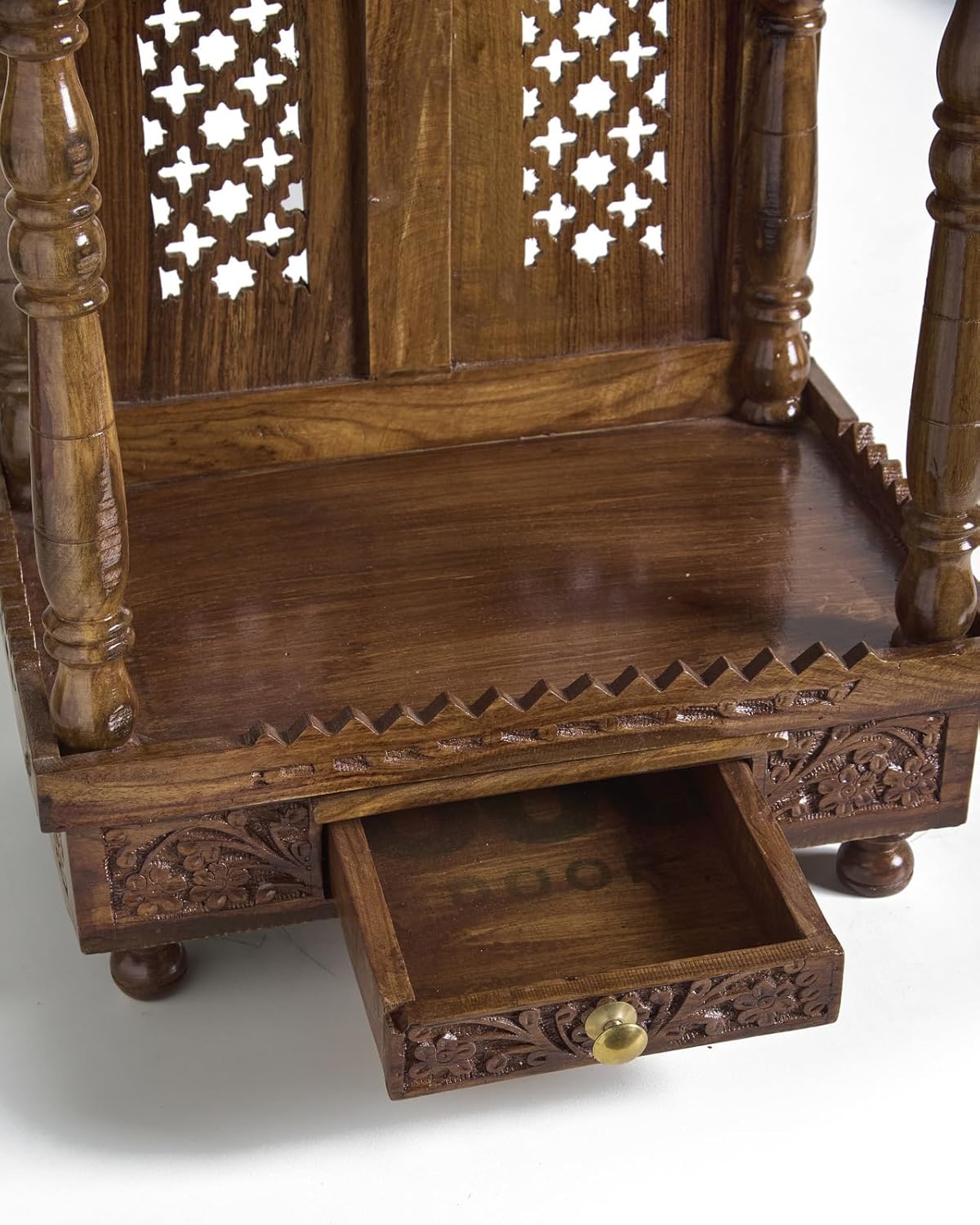 ESPLANADE Beautiful Wooden Mandir for Home, Engraved Temple for Home with Storage Drawer, Puja Mandir Stand, Pooja Items for Pooja Room,Temple for Office, Brown