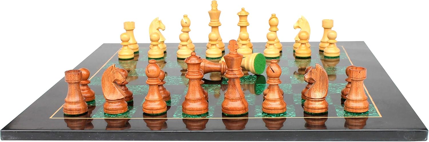 StonKraft Collectible Black Marble and Malachite Chess Board Set + Wooden Brass Combo Chess Pieces - Decorative Stone Chess - Home Decor