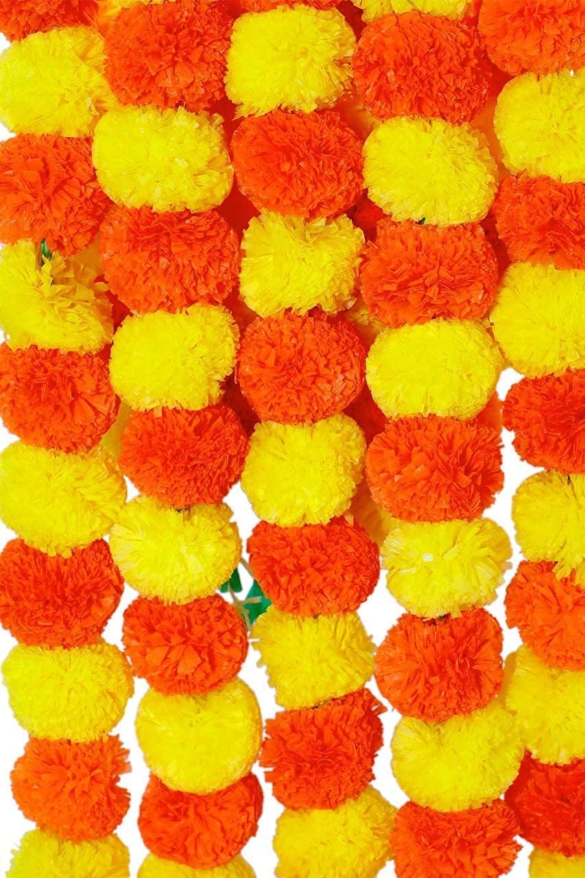 eSplanade Artificial Marigold Flower Garlands for Home Decor - Pack of 5 Strings - Multi-colour- 4 to 4.5 Feet Length