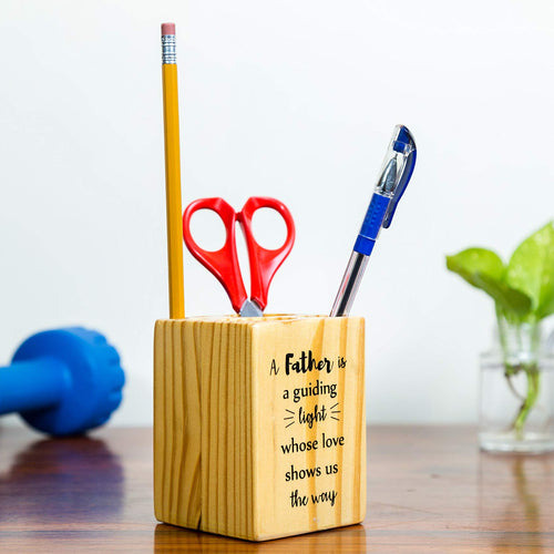 IVEI Sleek Pine Wood Rectangular Pen Stand for Father - Pen/Pencil Holder - Minimalistic Office Desk Organizer with Quote - Wooden Stationery Holder for Office and Study Table - Unique Budget Gifts