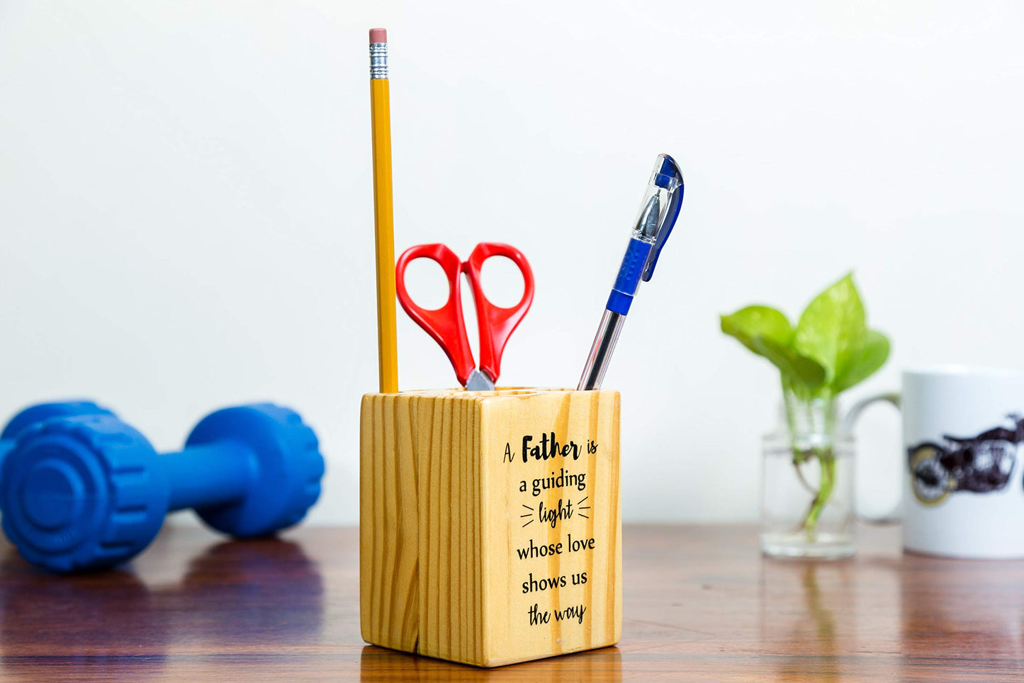 IVEI Sleek Pine Wood Rectangular Pen Stand for Father - Pen/Pencil Holder - Minimalistic Office Desk Organizer with Quote - Wooden Stationery Holder for Office and Study Table - Unique Budget Gifts