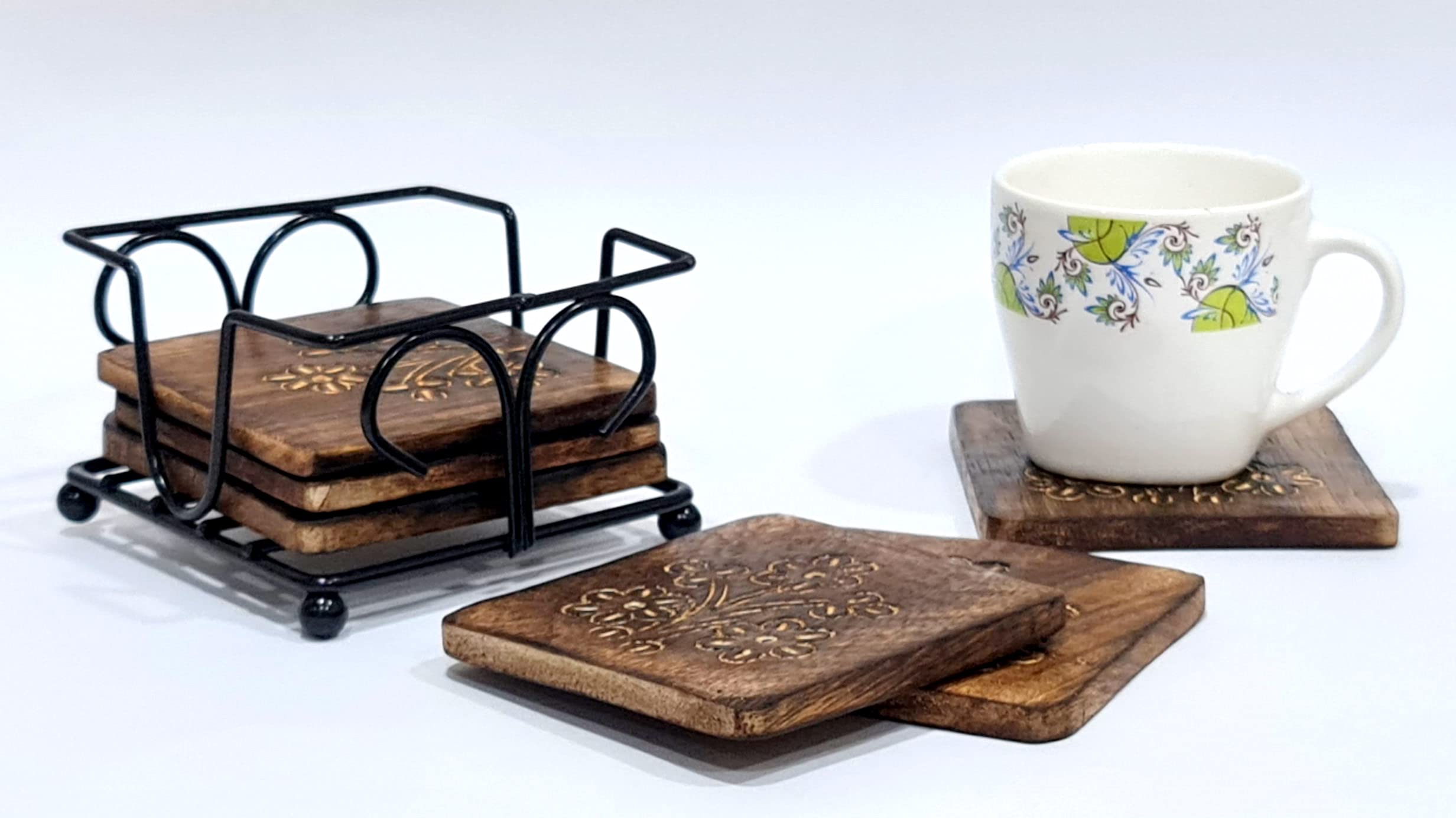StonKraft Wooden Tea Coffee Coasters/Rustic Vintage Look Coasters Set with Wrought Iron Holder