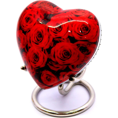 eSplanade Brass Mini Cremation Urn Heart-Shaped Keepsake Memorial Jar Pot Container | Small Urn with Stand for Funeral Ashes Burial | Red Roses Printed Keepsake | Red - 2.75