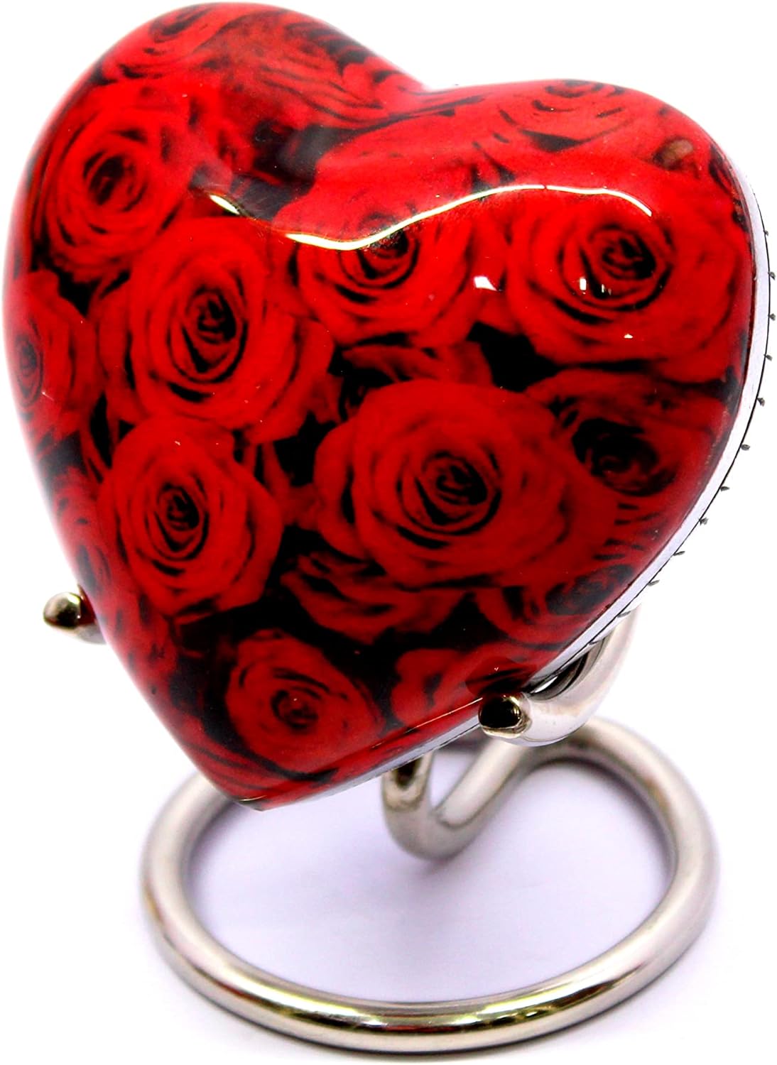 eSplanade Brass Mini Cremation Urn Heart-Shaped Keepsake Memorial Jar Pot Container | Small Urn with Stand for Funeral Ashes Burial | Red Roses Printed Keepsake | Red - 2.75" Inches