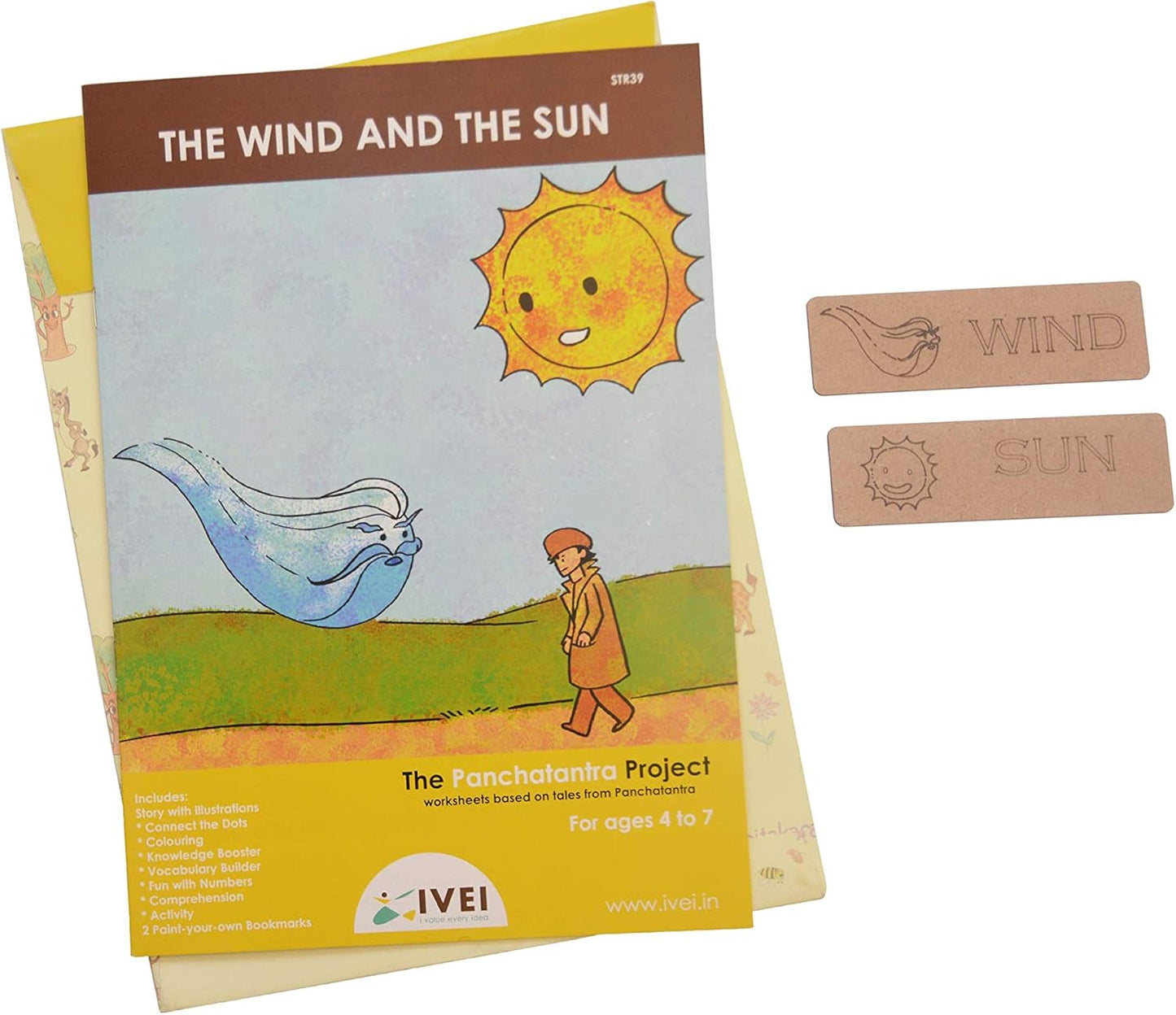 IVEI Panchatantra Story Kids Learning Book - Workbook and 2 DIY Bookmarks - Colouring Activity Worksheets - Creative Fun Activity and Education for Kids - The Wind and The Sun ( Age 4 to 7 Years )