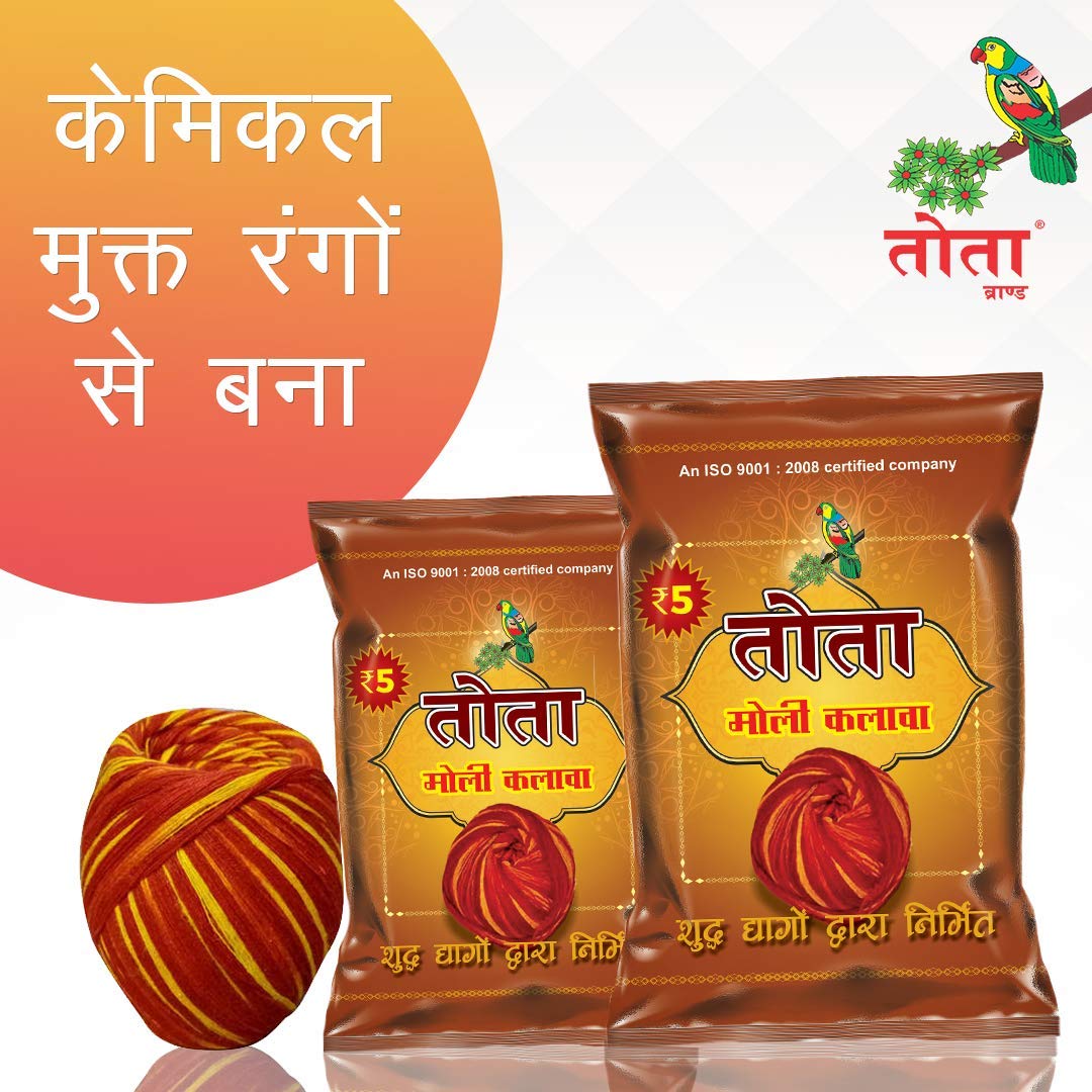 TOTA Moli Dhaga Kalava for Pooja. 100% Cotton Kalawa Mauli Dhaga Roll for Puja with Fragrance. Set of 10 Packs (20gm Each). Colour- Red Yellow