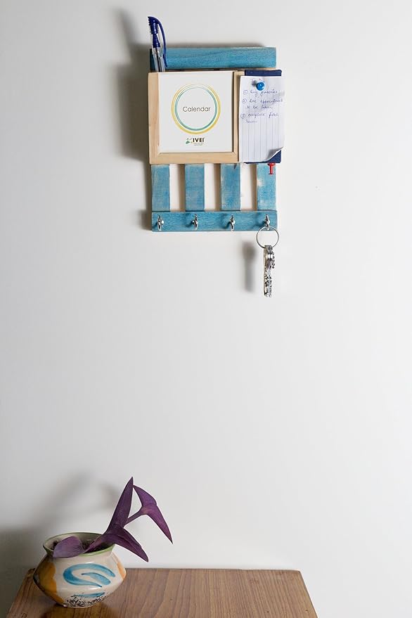 ESPLANADE Warli Wooden Multi Utility Key Hooks with 2025 Paper Calendar, Letter Holder & Mini Blue Colour Pin Board - Unique Wall Hanging Key Stand - Calendar with Key Holder for Office, School, Home