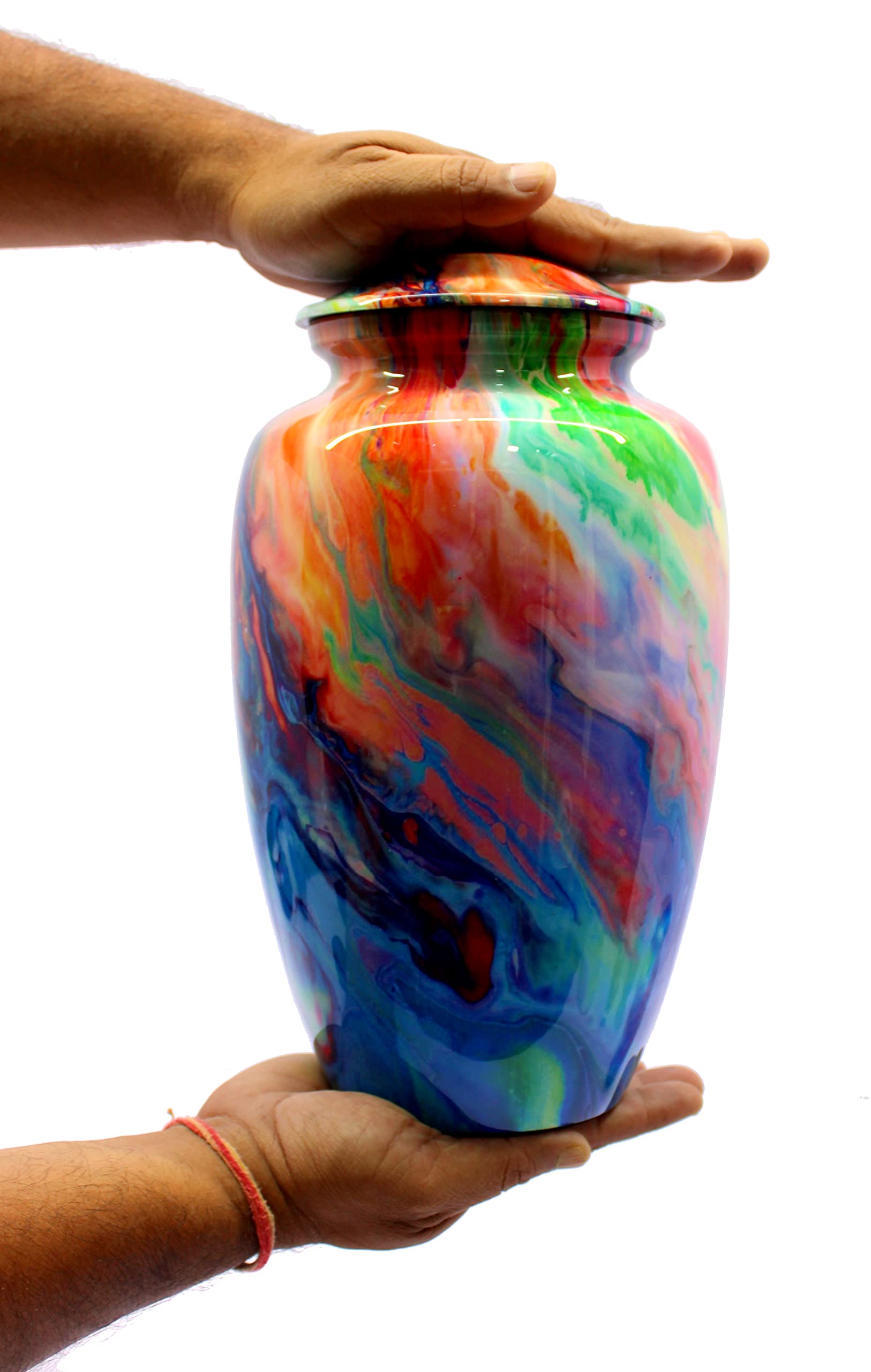 eSplanade Metal Cremation Urn Memorial Jar Pot Container | Full Size Urn for Funeral Ashes Burial | Flowers Printed Urn | Blue, Brown, Multicolor - 10" Inches