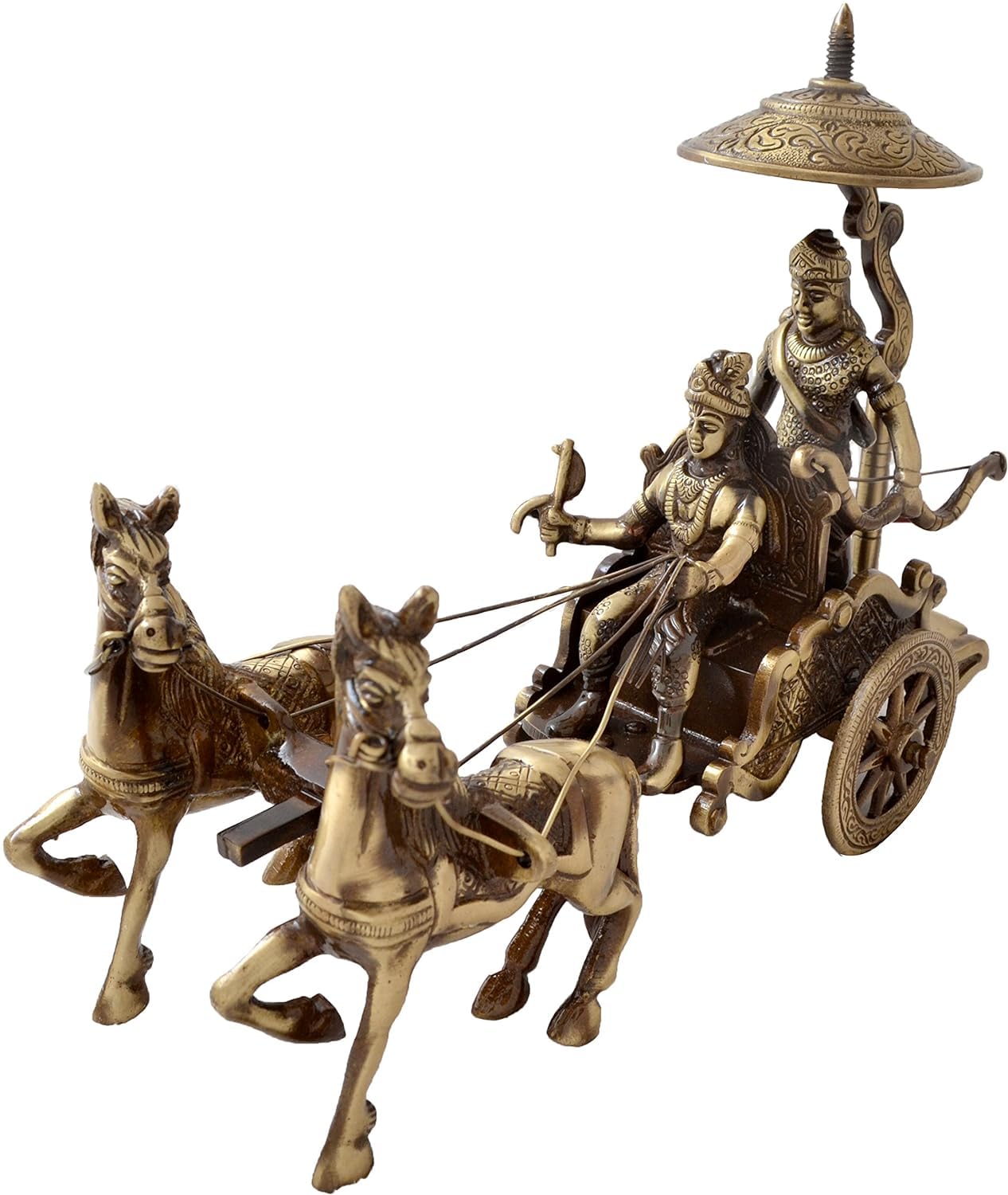 eSplanade Brass Krishna Arjuna Rath Chariot Horses Showpiece | Home Decor | Krishna Arjun Updesh | Gita Saransh (2 & 4 Horse Rath)