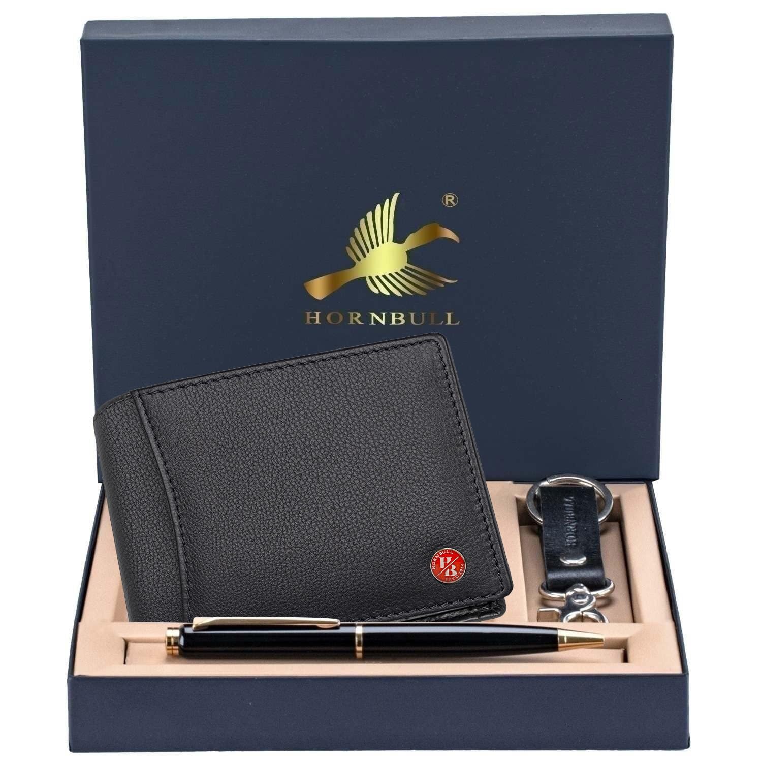 HORNBULL Themes Black Mens Leather Wallet, Keyring & Pen Combo Gift Set for Men | Wallet Men Leather Branded