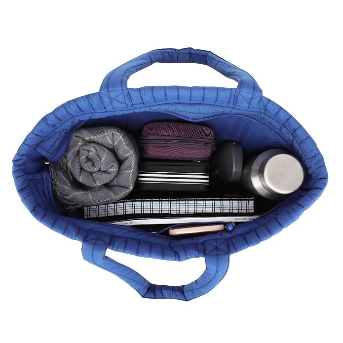 SKAPADORO Quilted Cotton Tote Bag with Zip, Inner Zipper Pocket, Multipurpose Embroidered Hand Bag for Women/Girls For Shopping Travel College Gym Work, Everyday Shoulder Bag - Evil Eye; Floral