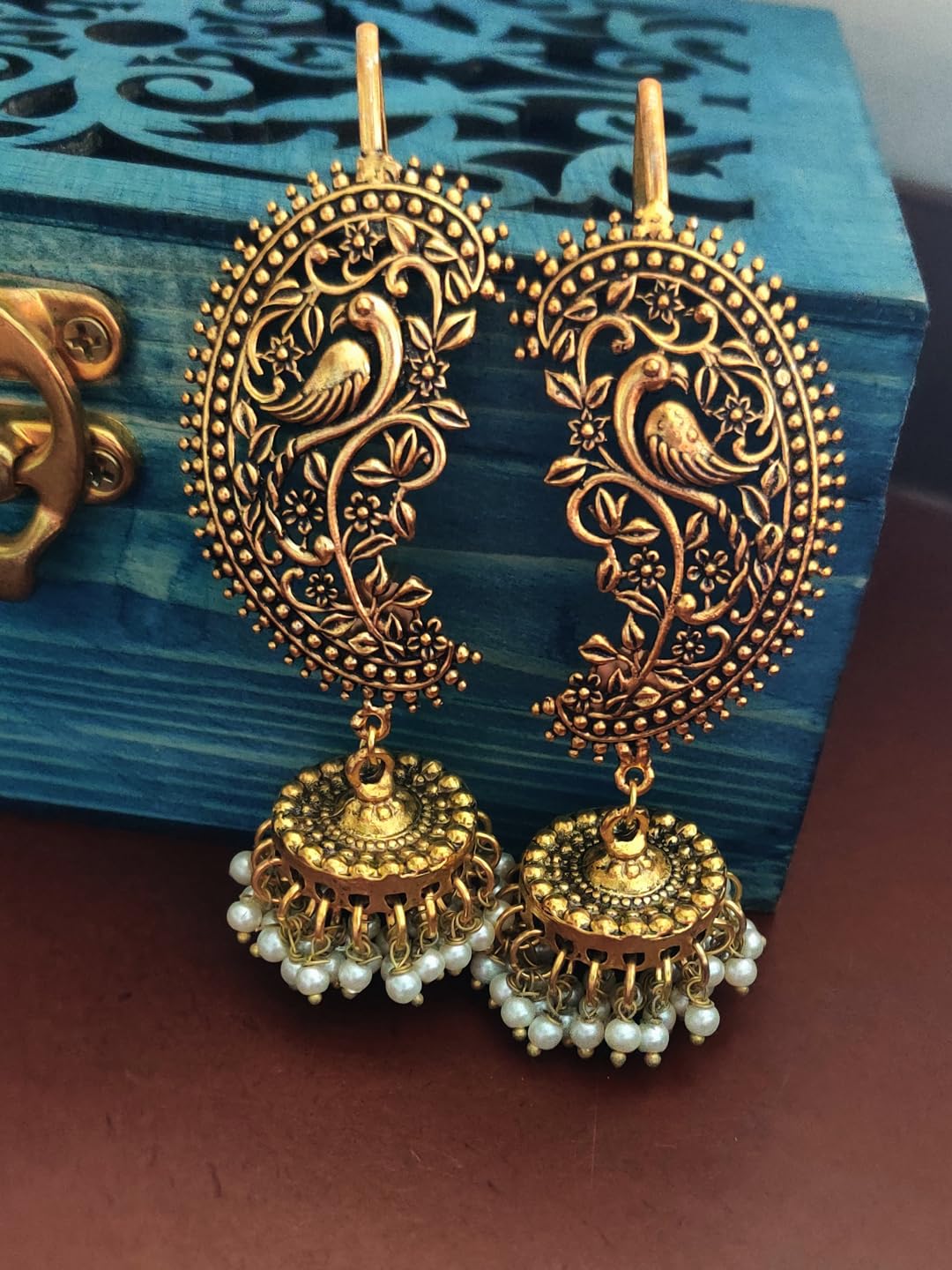 Binnis wardrobe Dual-Toned textured long Jhumka with hanging pearl handcrafted earrings