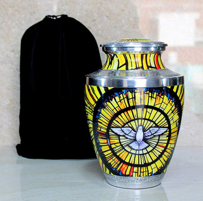 eSplanade Metal Cremation Urn Memorial Jar Pot Container | Full Size Urn for Funeral Ashes Burial | White Pigeon Print | Yellow-Multi - 10" Inches