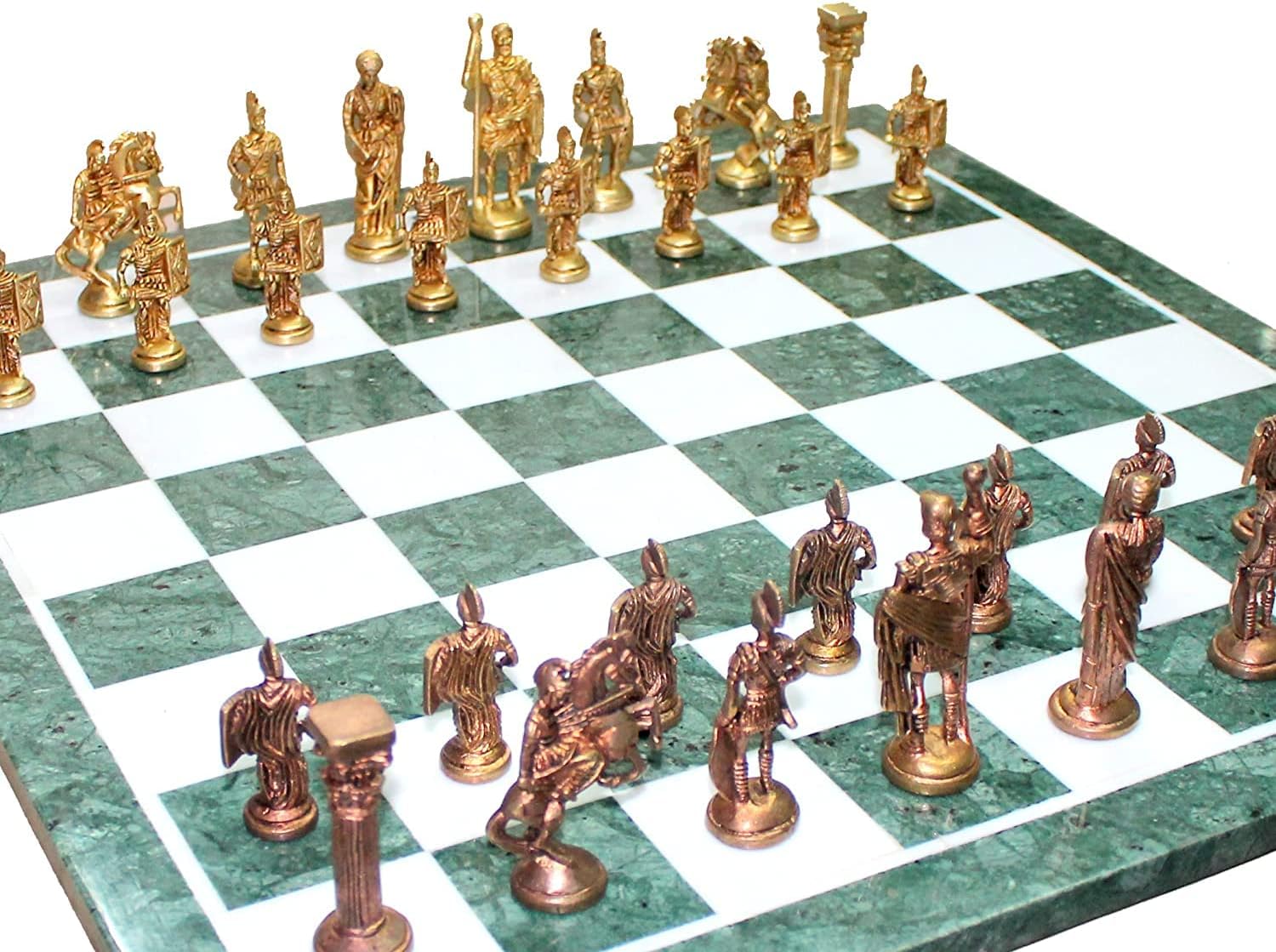 StonKraft Collectible Green Marble Chess Board Set + Brass Roman Chess Pieces Pawns - Decorative Stone Chess - Home Decor - 20" Inches
