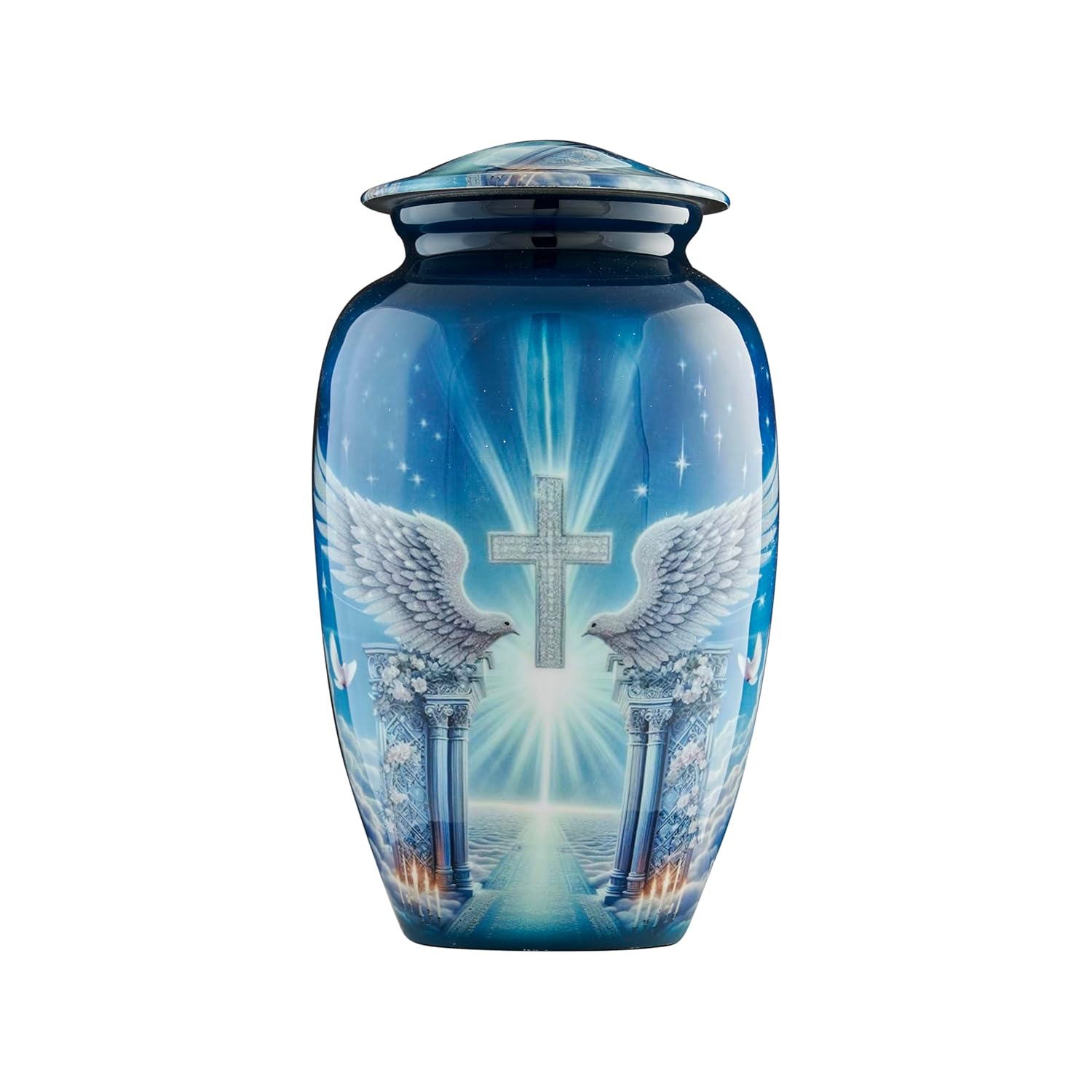 Esplanade Metal Urn for Ashes Adult Male Female – 10" Cremation Urn for Human Ashes, Full Size Large Urn, Heaven Cross with Two Doves in Blue Colour, Funeral Vase with Velvet Bag - for 80kg Adult