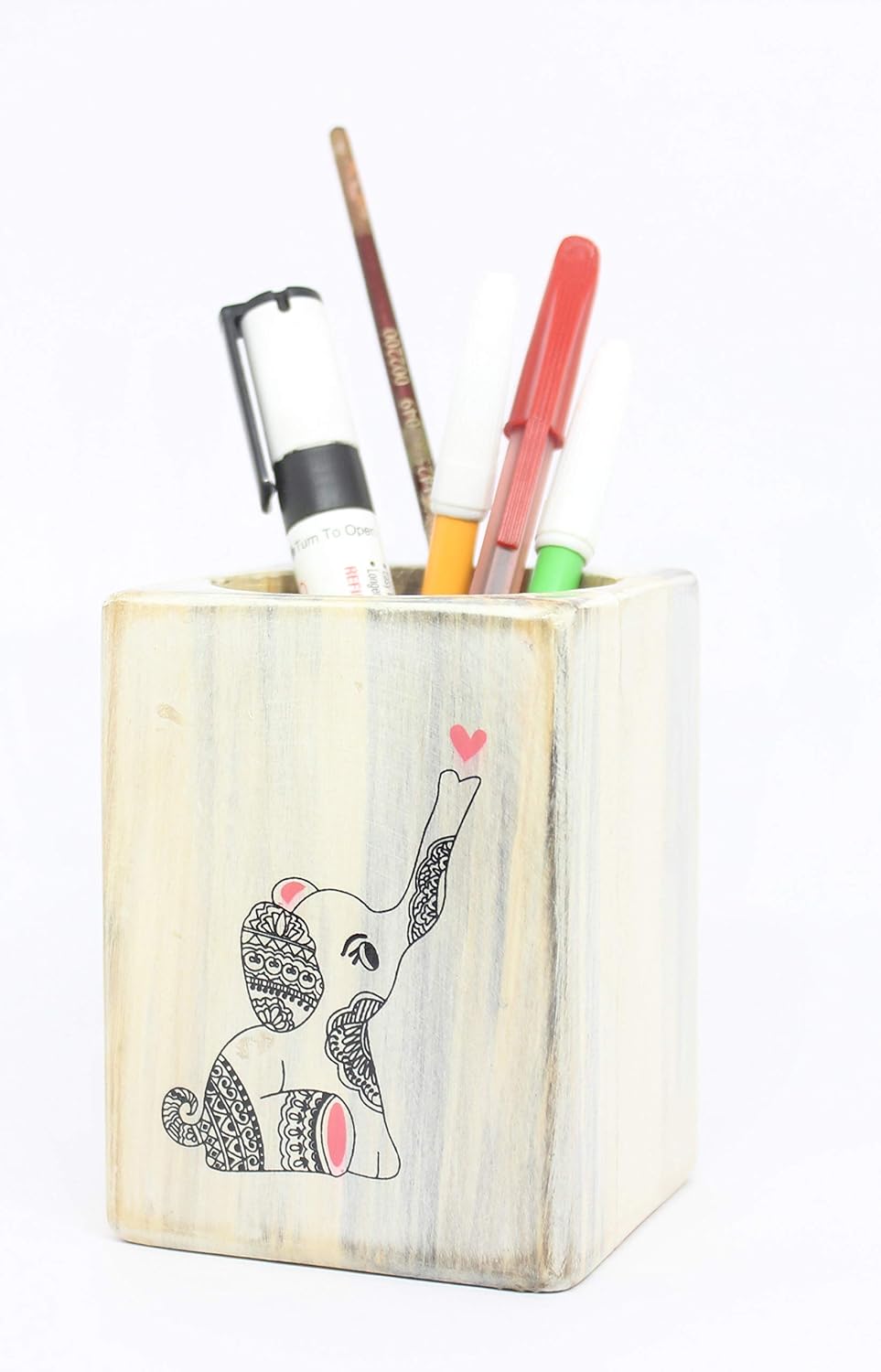IVEI Wooden Rectangular Pen Stand - Elephant Doodle Pen/Pencil Holder - Minimalistic Office Desk Organizer - Wooden Stationery Holder for Office and Study Table - Unique Budget Gifts
