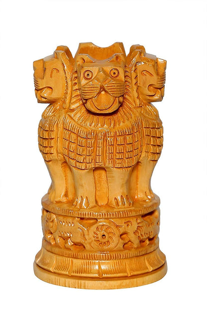 eSplanade Wooden Ashok Stambh/Ashoka Stambh (Stoop) Pillar - Pen Stand | National Emblem India Memento Statue Showpiece - Gift for Home Decorative, Office, Table Decoration (4 Inch Pen Stand)