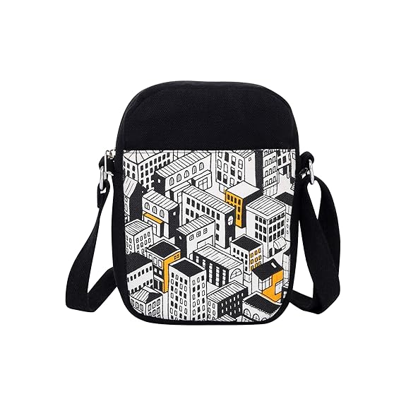 SKAPADORO Canvas Mobile Cross Body Black Sling Bag for Men & Women,100% Cotton, Zip Closure, Pocket, Adjustable Strap, Compact Everyday Bag - City (Black & White)