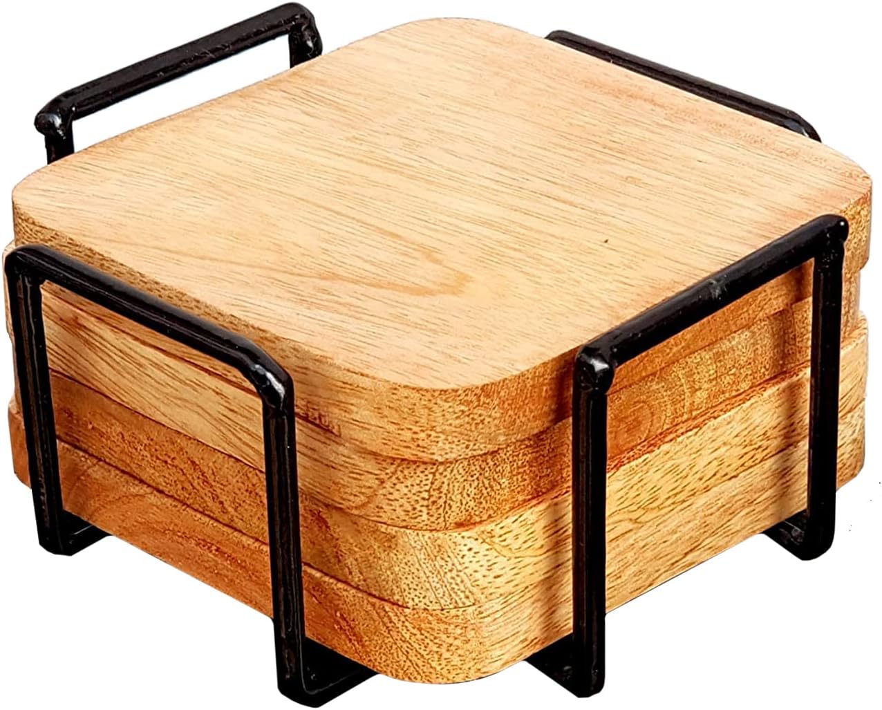 StonKraft Wood Wooden Tea Coffee Coasters Coaster Set Coasters with Wrought Iron Holder (4 In Square with Iron Holder)