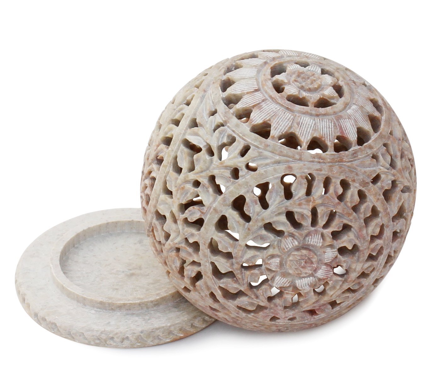 Esplanade Unique Hand Carved Tealight Holder Sphere Shaped Soapstone with Intricate Tendril Openwork Floral Decorative Lantern