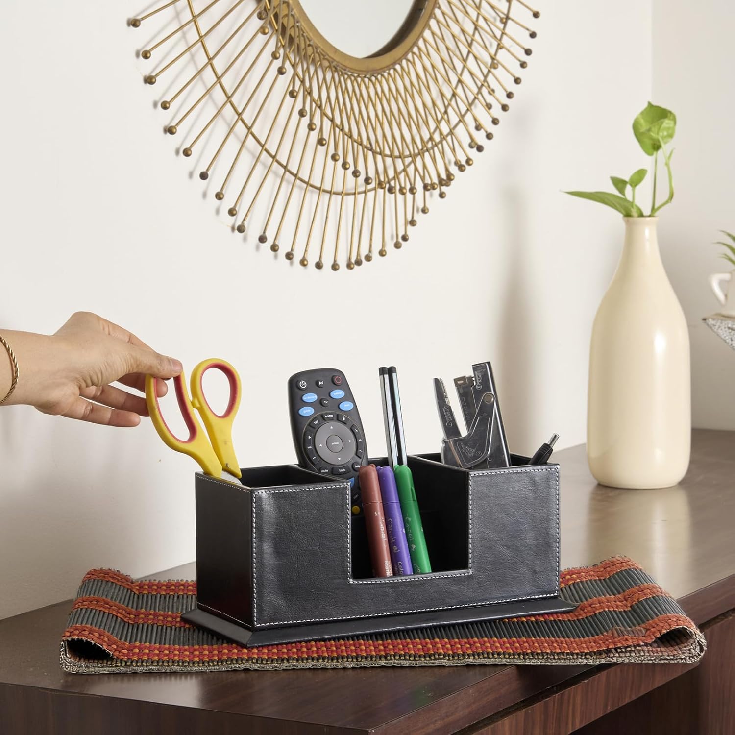 IVEI Faux Leather Pen Stand for Table, Multiple Compartments Desk Organiser Office Table, Slot for Business Cards, Premium Pen Holder, Elegant Office Desk Decorative Items, Stylish Gifts for Men