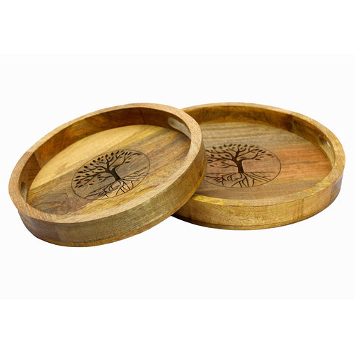 KLEO Wooden Engraved Round Shape Serving Trays - Set of 2 - Serveware Tableware - Brown - 14