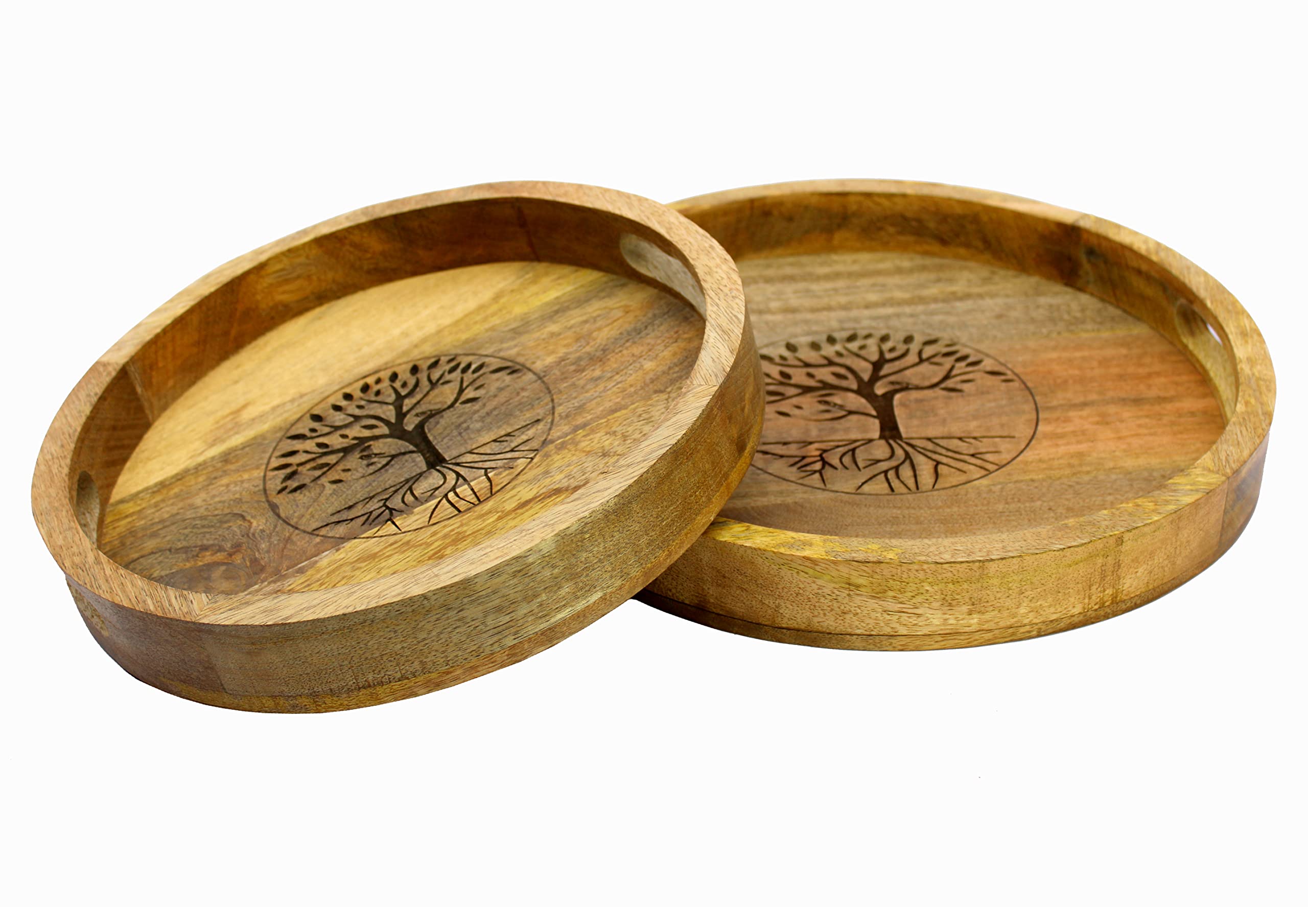 KLEO Wooden Engraved Round Shape Serving Trays - Set of 2 - Serveware Tableware - Brown - 14" Inches Dia.