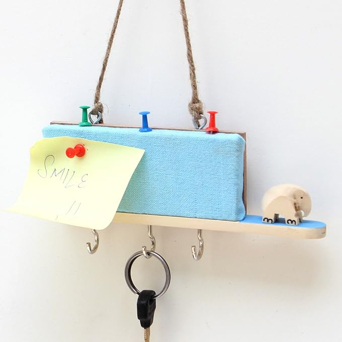 ESPLANADE Key Holder with Mini Pinboard - Stylish Wooden Key Holder with Pin-up Board - Key Organizer Wall Hooks - for Wall, Home Office Decor with Handcrafted Elephant - Blue