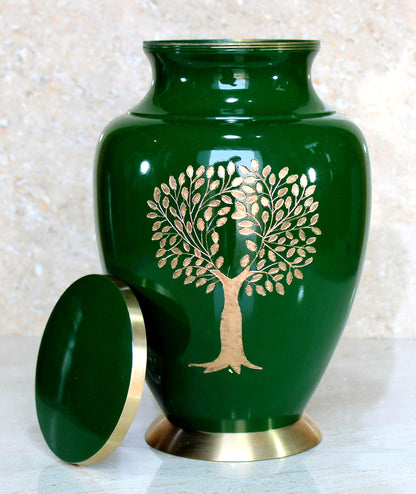 eSplanade Brass Cremation Urn Memorial Jar Pot Container | Full Size Urn for Funeral Ashes Burial | Tree Engraved Metal Urn | Green - 10" Inches