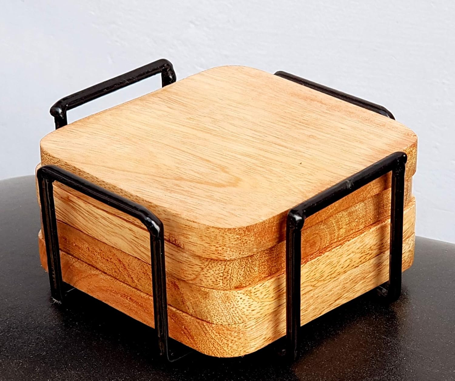 StonKraft Wood Wooden Tea Coffee Coasters Coaster Set Coasters with Wrought Iron Holder (4 In Square with Iron Holder)