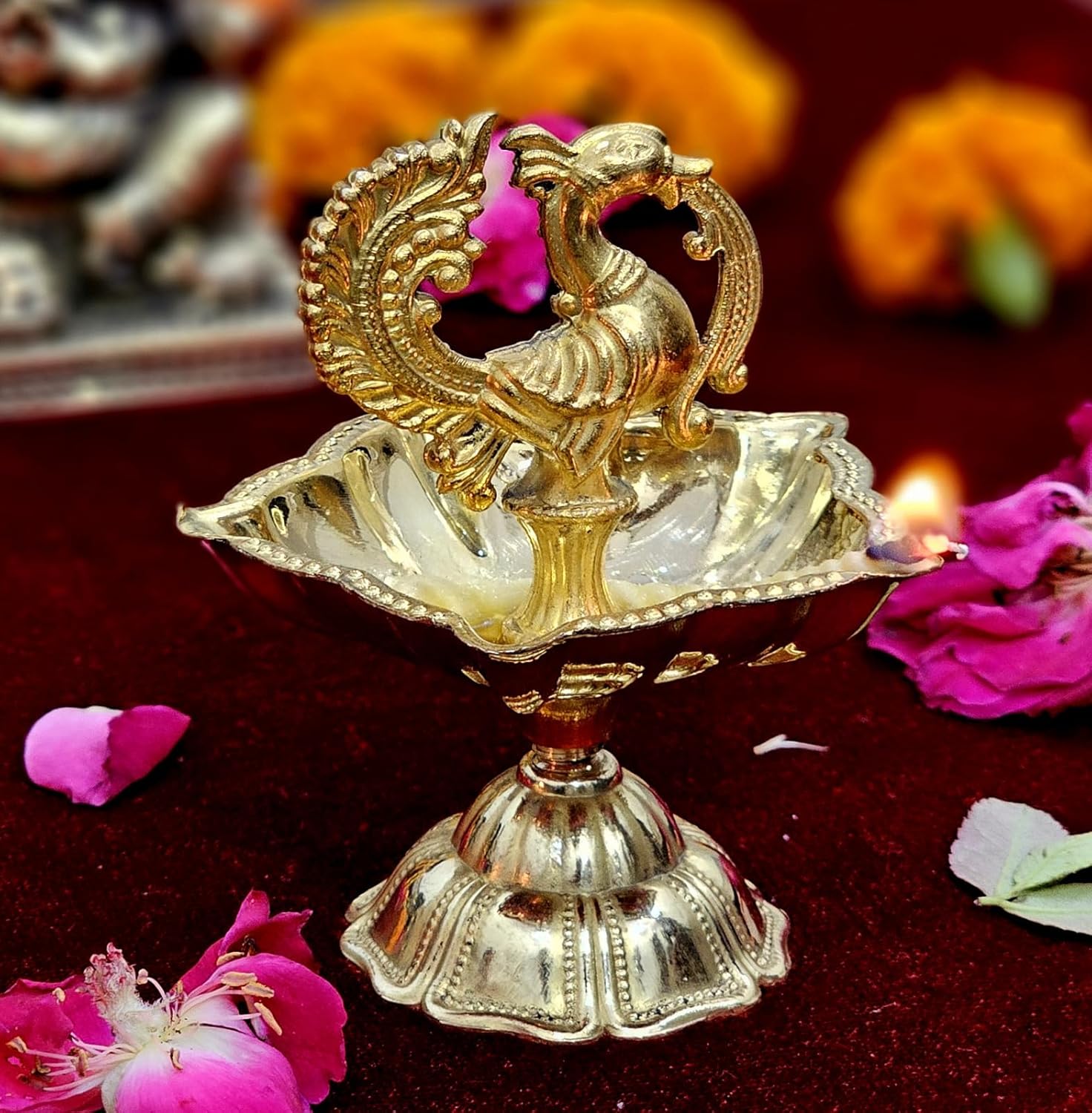 Esplanade Brass Peacock Design Diya - Traditional Festive Decor, Solid Heavy Brass Oil Lamp, Elegant Royal Aesthetic for Diwali, Wedding, Housewarming, Pooja Room - Handcrafted Decorative Showpiece