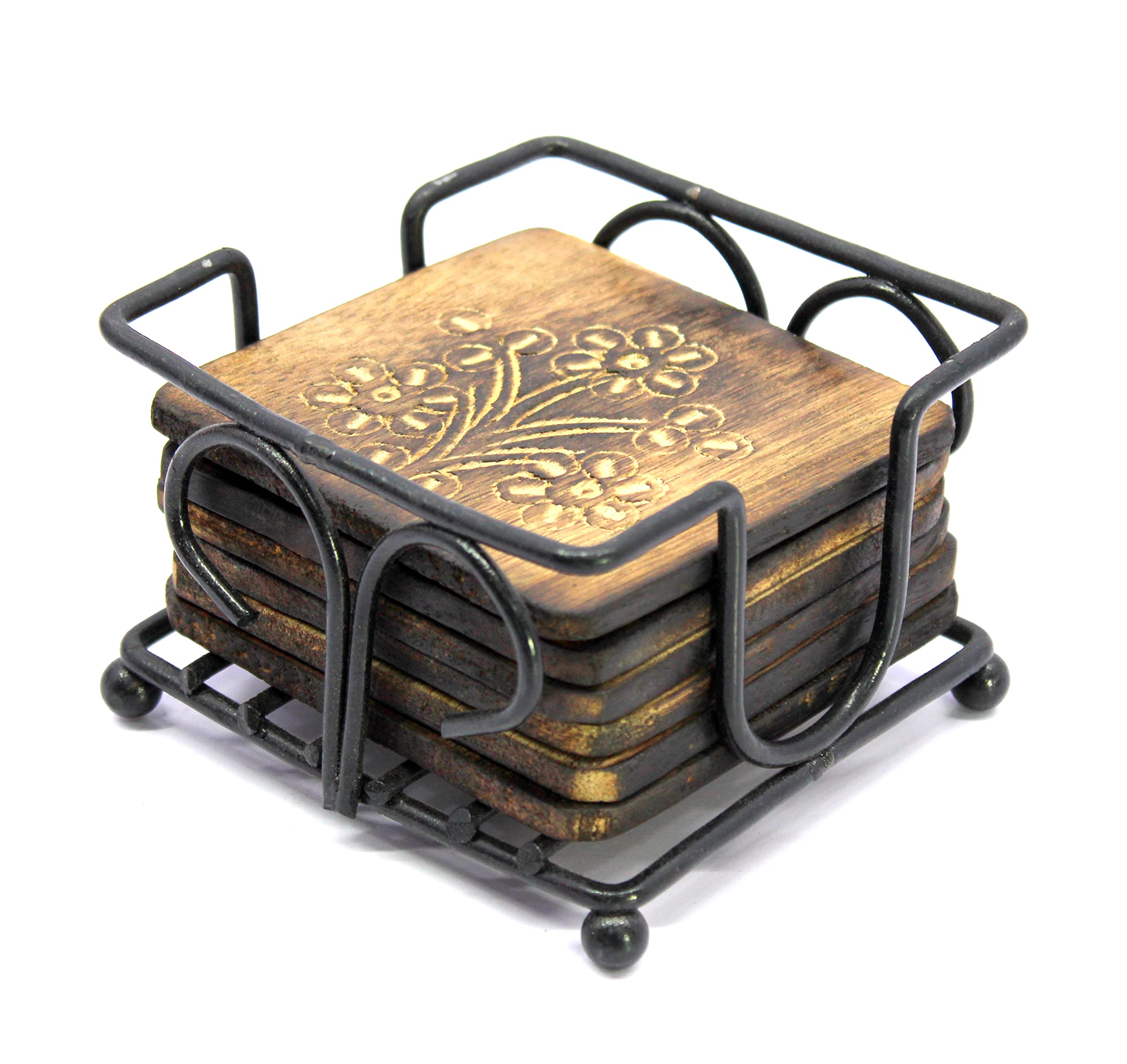 StonKraft Wooden Tea Coffee Coasters/Rustic Vintage Look Coasters Set with Wrought Iron Holder
