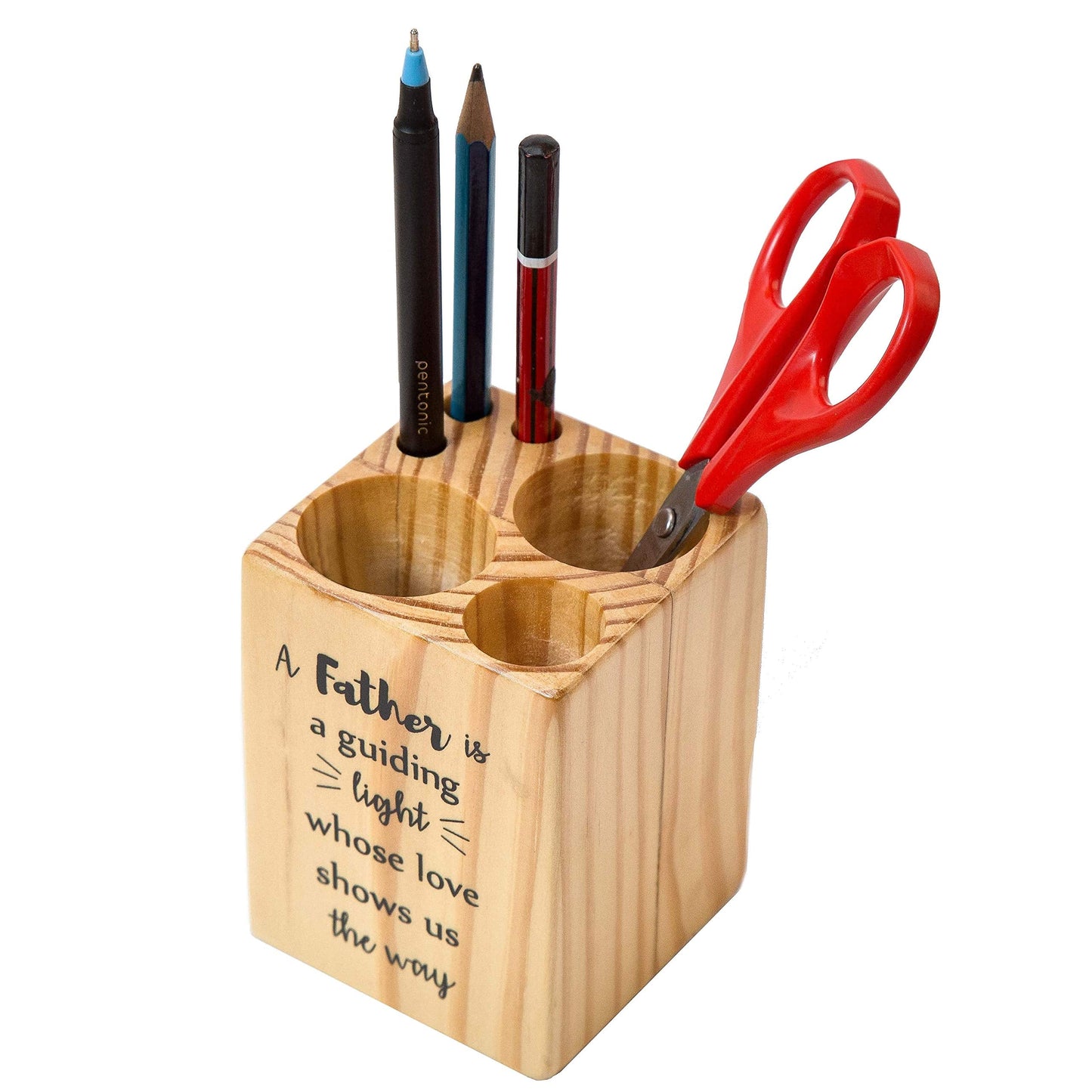 IVEI Sleek Pine Wood Rectangular Pen Stand for Father - Pen/Pencil Holder - Minimalistic Office Desk Organizer with Quote - Wooden Stationery Holder for Office and Study Table - Unique Budget Gifts