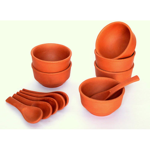 KLEO - Clay Re-usable Bowl Brown Soup Bowls - Set of 12 (6 Bowls & 6 Spoons) | Terracotta Soup Bowls Set