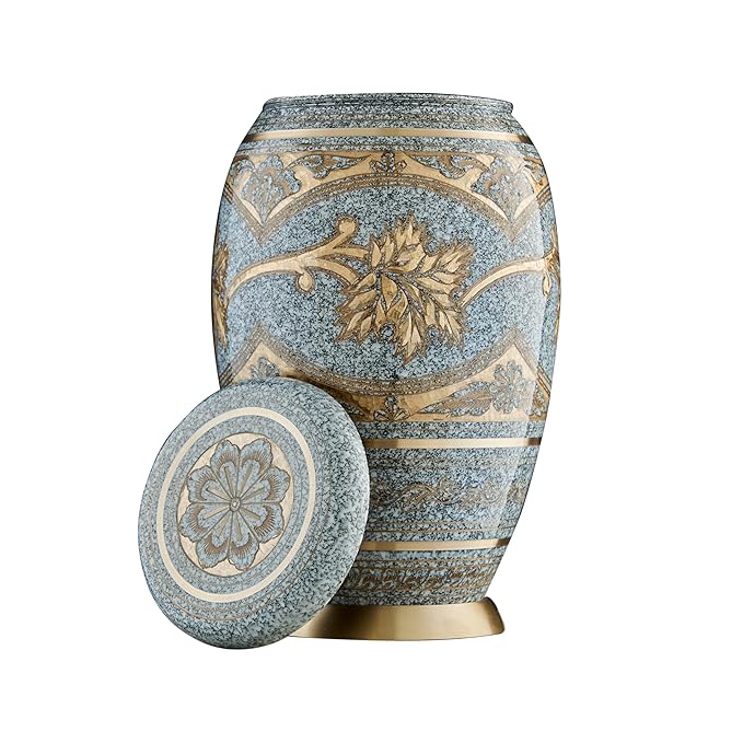 Esplanade Brass Urn for Ashes Adult Male Female – 10" Cremation Urn for Human Ashes, Full Size Large Urn, Engraving Design in Grey Golden Colour, Funeral Vase with Velvet Bag - for 80kg Adult
