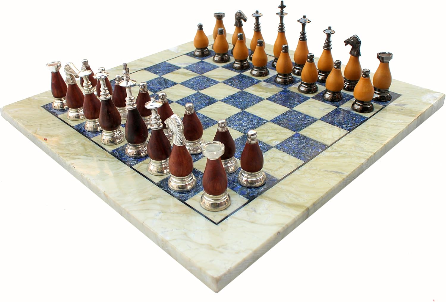 StonKraft Collectible Australian Marble and Lapis Lazuli Chess Board Set + Brass Chess Pieces Pawns - Decorative Stone Chess - 15" Inches