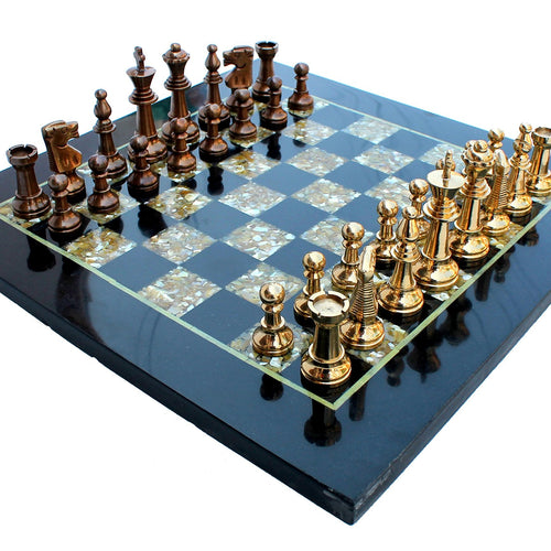 StonKraft Collectiblck e Black Marble & (MOP) Mother of Pearl Chess Board Set + Brass Chess Pieces - Decorative Stone Chess - Home Decor - 15