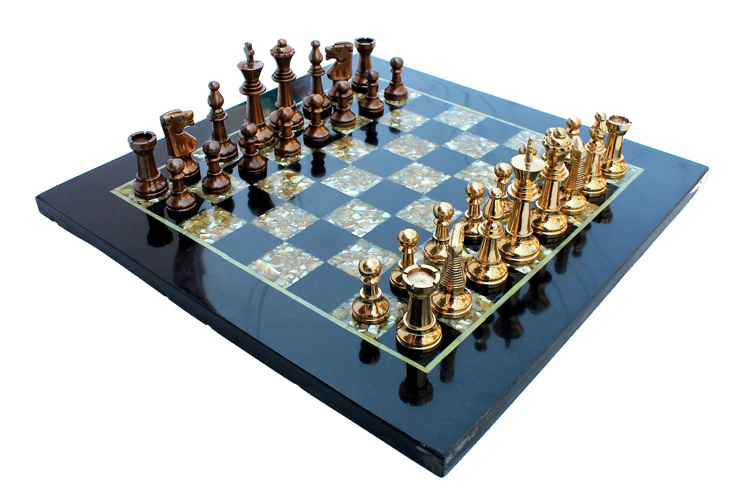 StonKraft Collectiblck e Black Marble & (MOP) Mother of Pearl Chess Board Set + Brass Chess Pieces - Decorative Stone Chess - Home Decor - 15" Inches