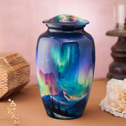 Esplanade Metal Urn for Ashes Adult Male Female – 10" Cremation Urn for Human Ashes, Full Size Large Urn, Aurora Northern Lights Forest Blue Colour, Funeral Vase with Velvet Bag - for 80kg Adult