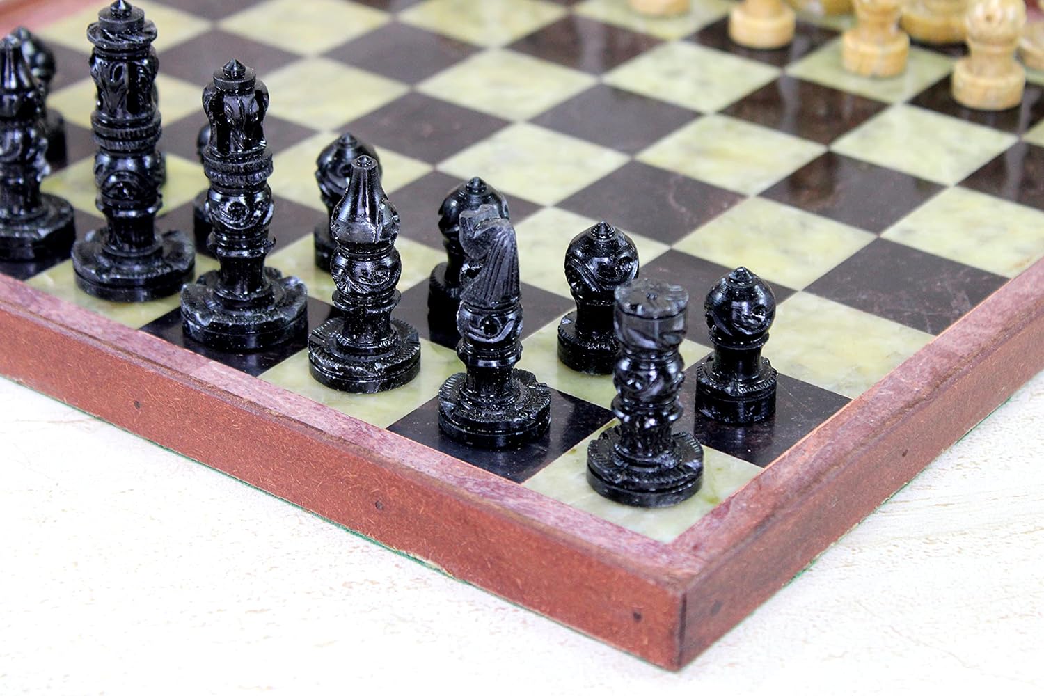 StonKraft - 12x12 Stone Wooden Chess Game Board Set + Hand Crafted Pawns