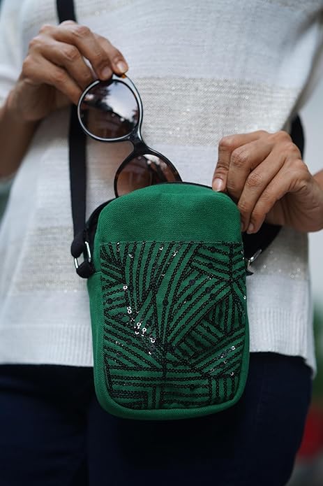 SKAPADORO Canvas Mobile Cross Body Sling Bag for Girls Women,100% Cotton, Sequence Embroidery, Zip Closure, Pocket, Adjustable Strap, Compact Everyday Bag - Bling it on (Green)