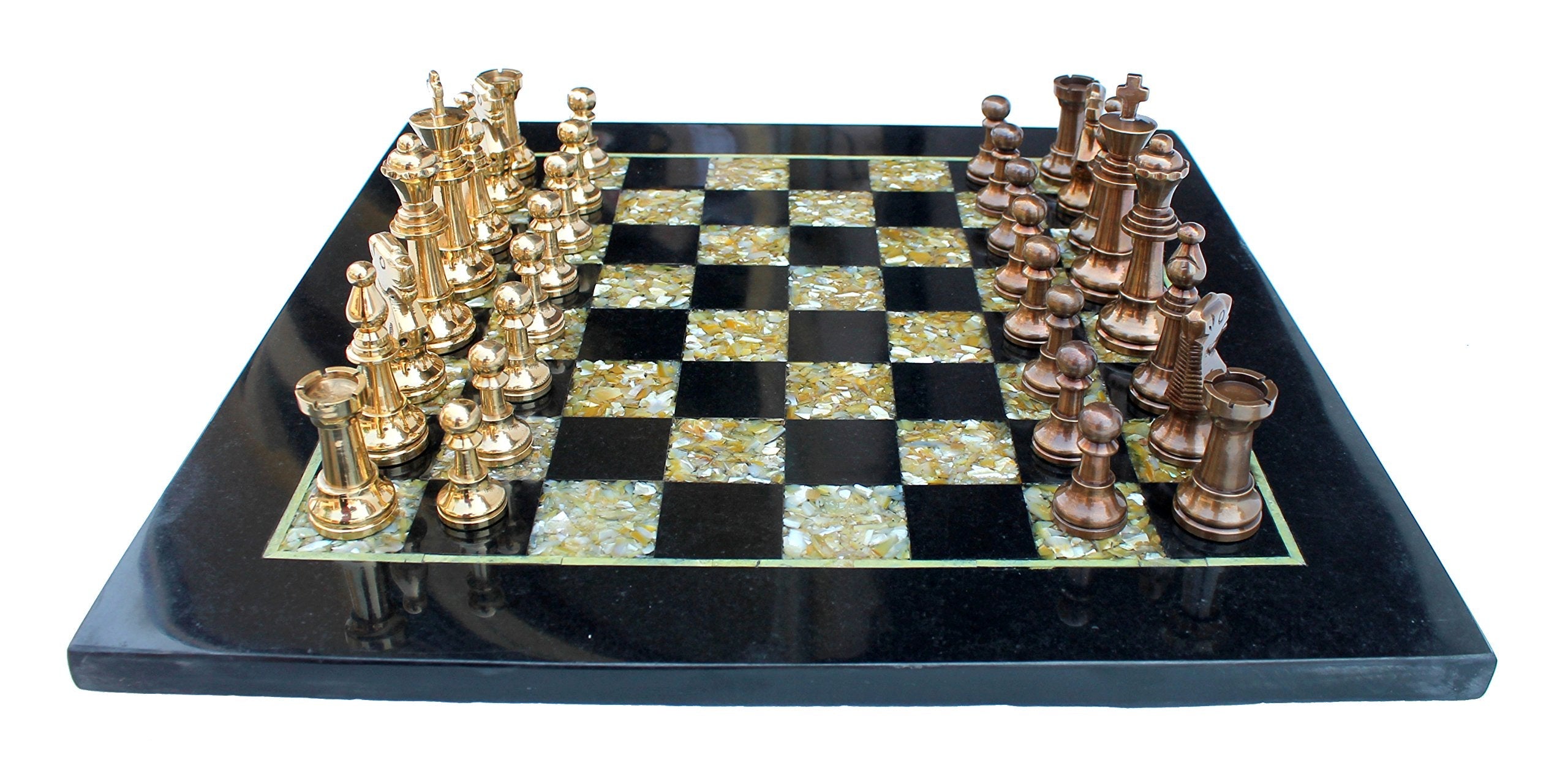 StonKraft Collectiblck e Black Marble & (MOP) Mother of Pearl Chess Board Set + Brass Chess Pieces - Decorative Stone Chess - Home Decor - 15" Inches