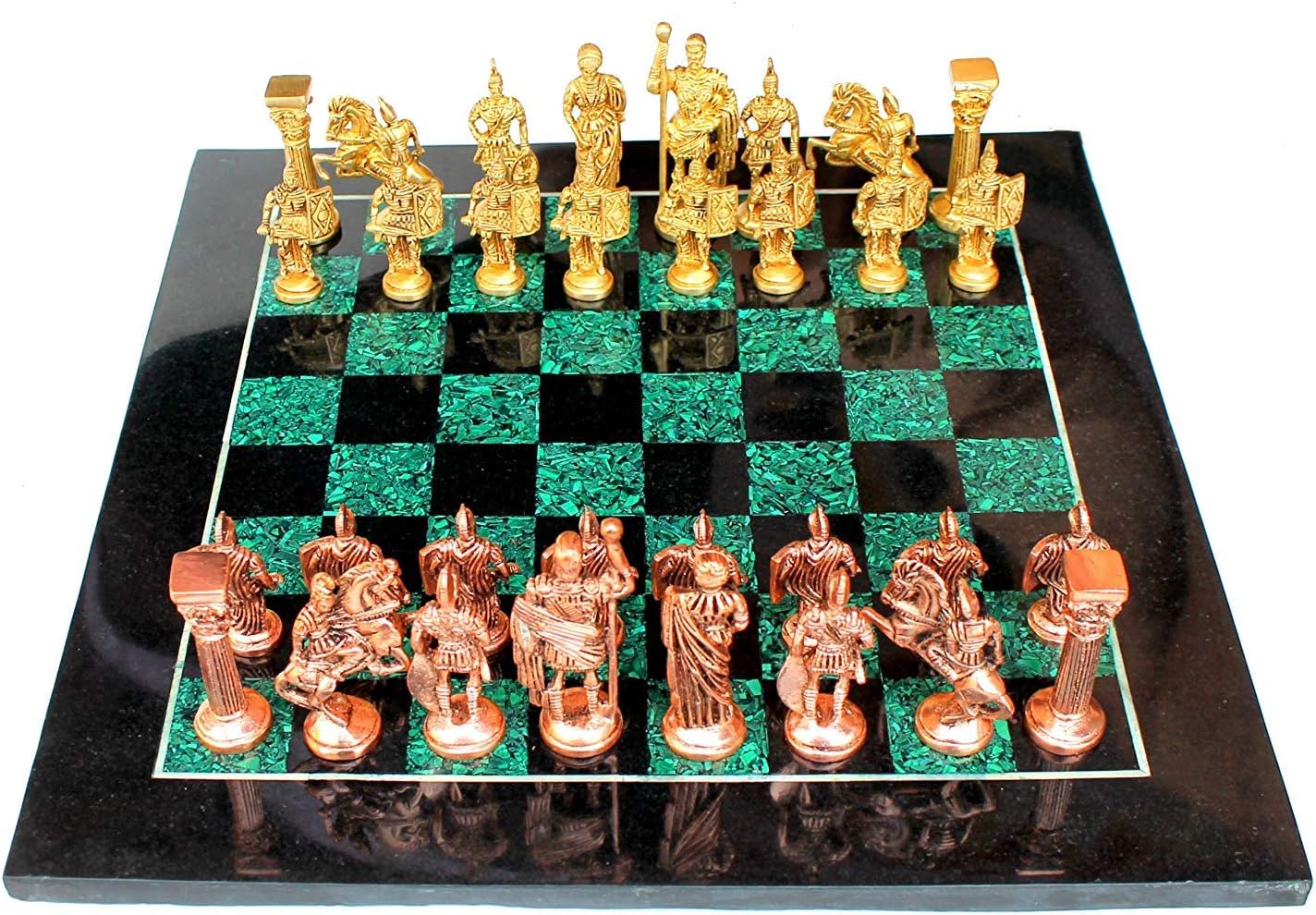 StonKraft Collectible Black Marble and Malachite Stone Chess Board Set + Brass Roman Chess Pieces Pawns - Decorative Stone Chess - Home DŽcor - 15" Inches