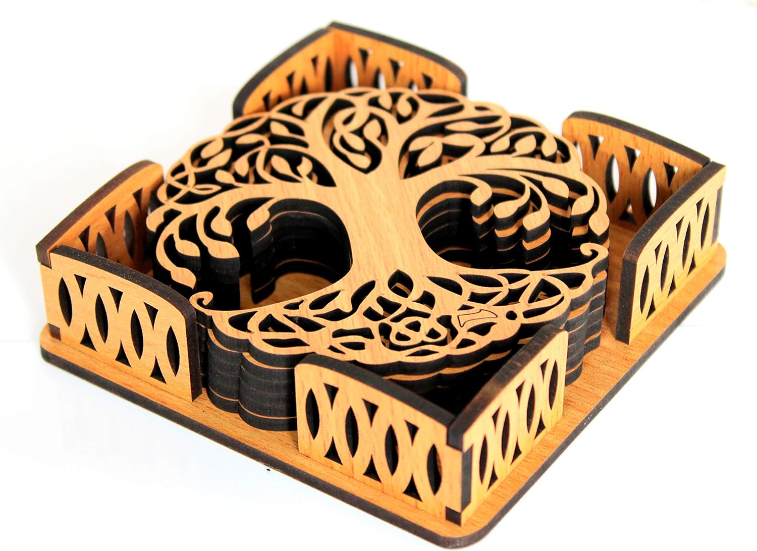 Esplanade Wooden Coasters for DIY Activities,Craft,Decoupage,Painting,Resin Work - 6 Coasters with Holder (Kalpavriksha Tree of Life Design)