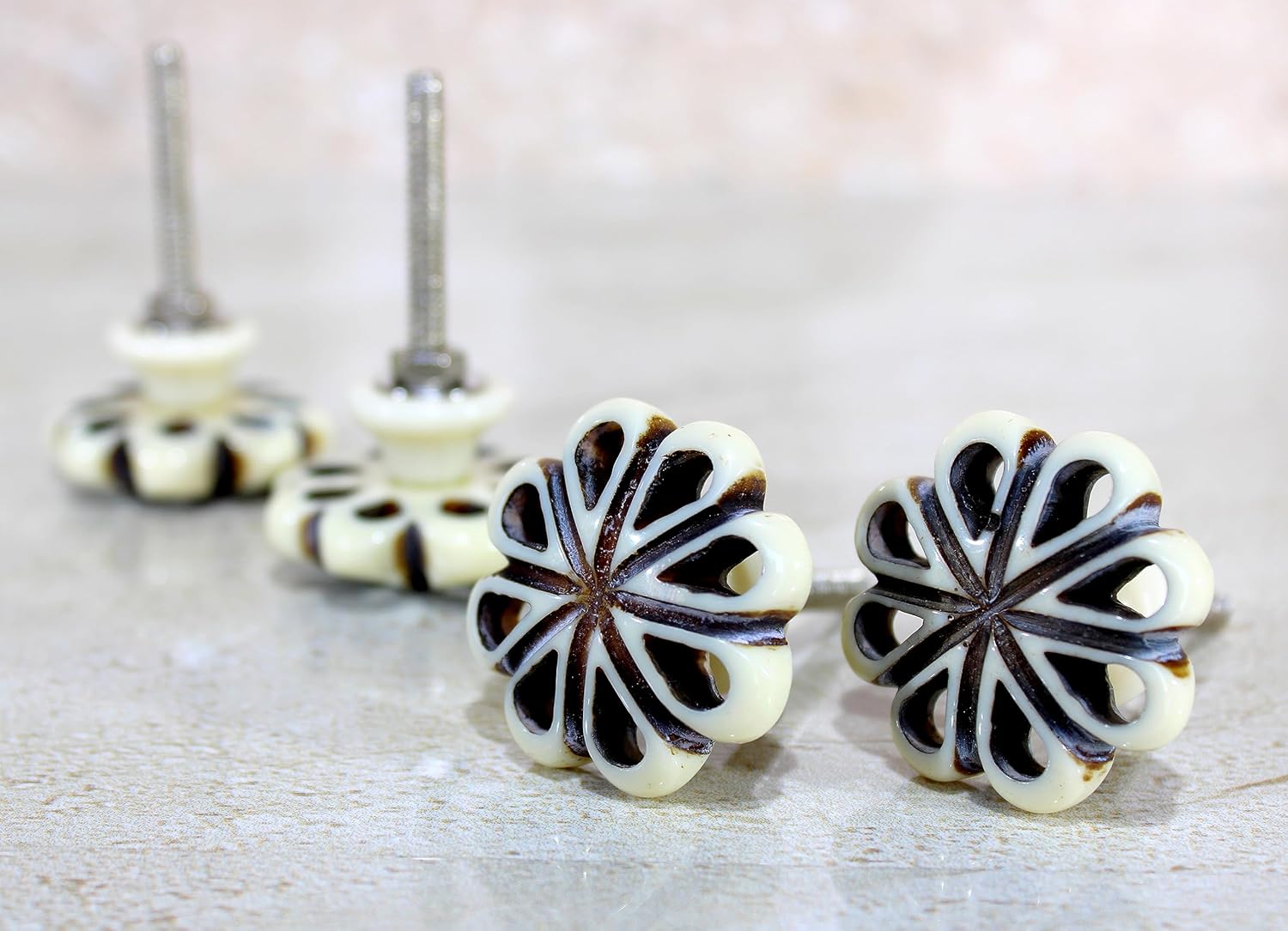 eSplanade Cupboard Cabinet Door Decorative Knobs - Set of 4 | Drawer Handles Cupboard Pulls Almirah Hooks | Round-Floral - Acrylic Plastic - Diameter 4 cms - White-Black (Floral Knob 1-12)