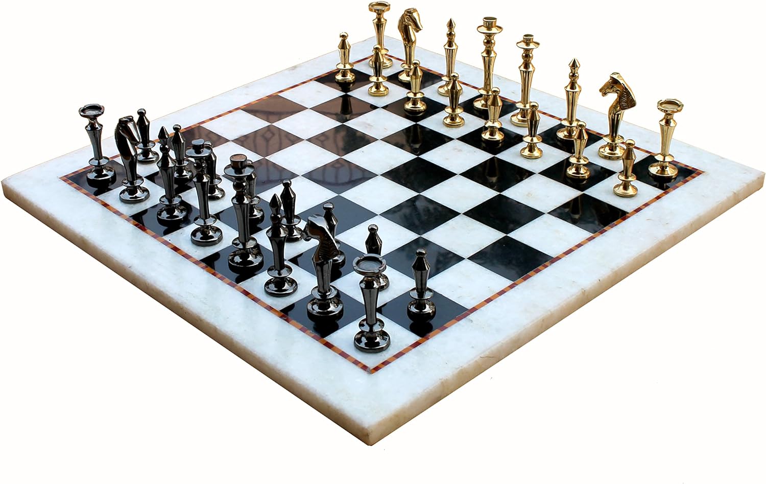 StonKraft Collectible White & Black Marble Chess Board Set + Brass Chess Pieces Pawns - Decorative Stone Chess - Home Decor - 15" Inches