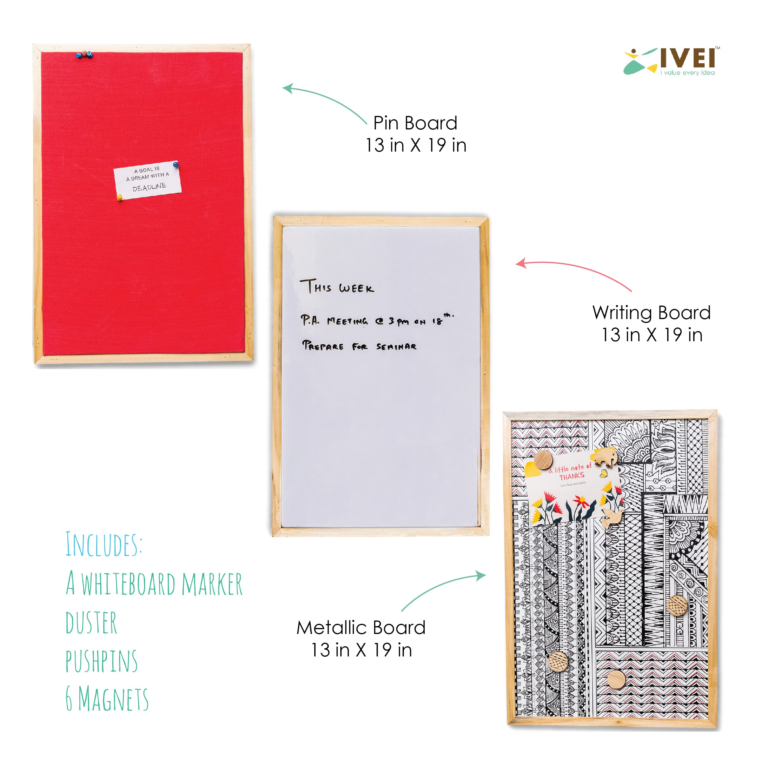 IVEI Combination Board with Magnet Board, Pin Board & Whiteboard- Set of 3- Dark Blue -Innovative Organizer for Kids and Adults with Magnets- To Do Boards - Best Gift for Home, Office, School- (Big) Blue, Pink,Orange