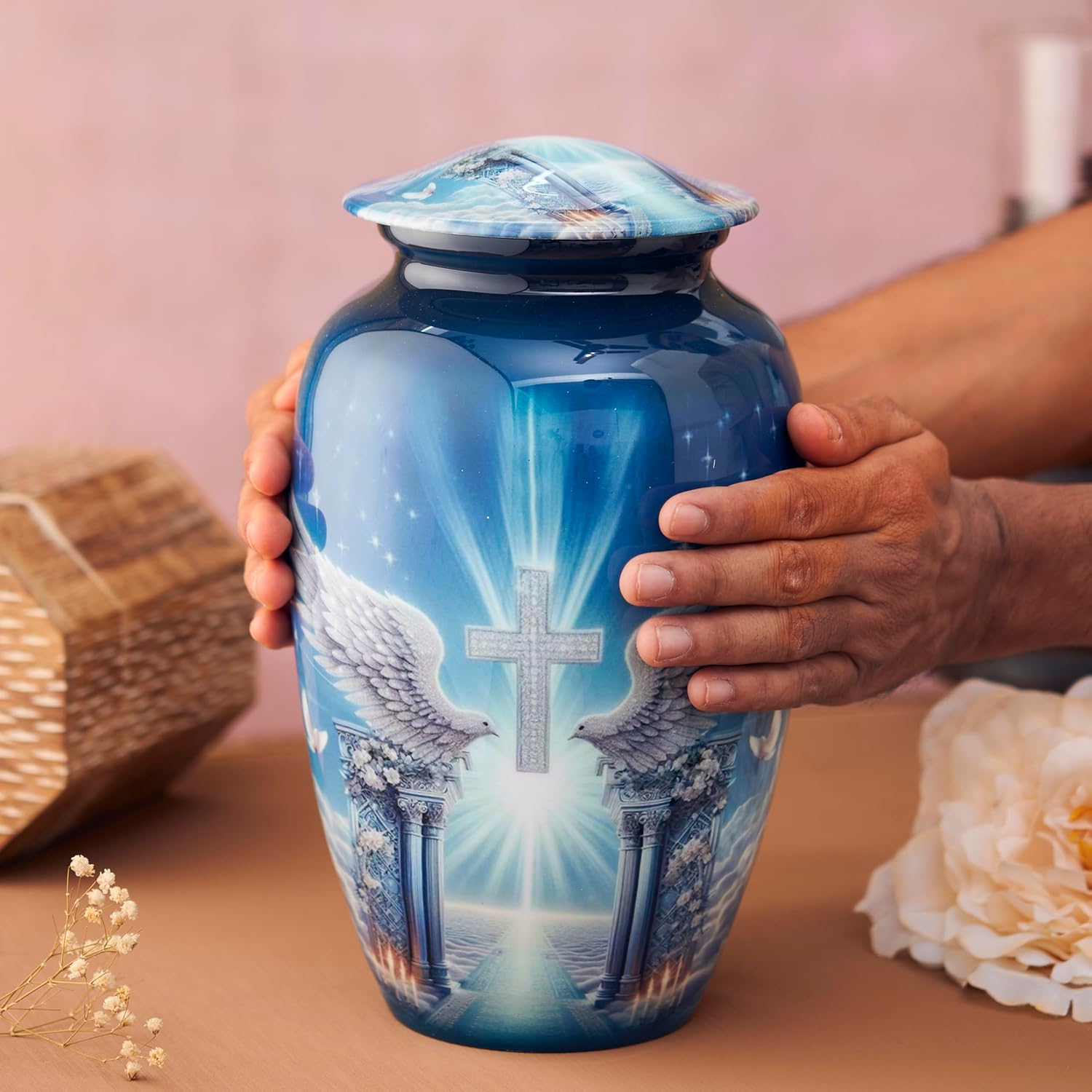 Esplanade Metal Urn for Ashes Adult Male Female – 10" Cremation Urn for Human Ashes, Full Size Large Urn, Heaven Cross with Two Doves in Blue Colour, Funeral Vase with Velvet Bag - for 80kg Adult